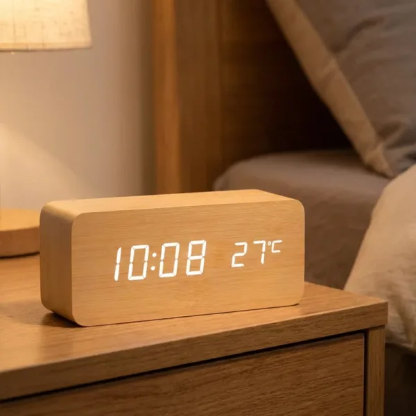 digital alarm clock, wooden alarm clock, led table clock
