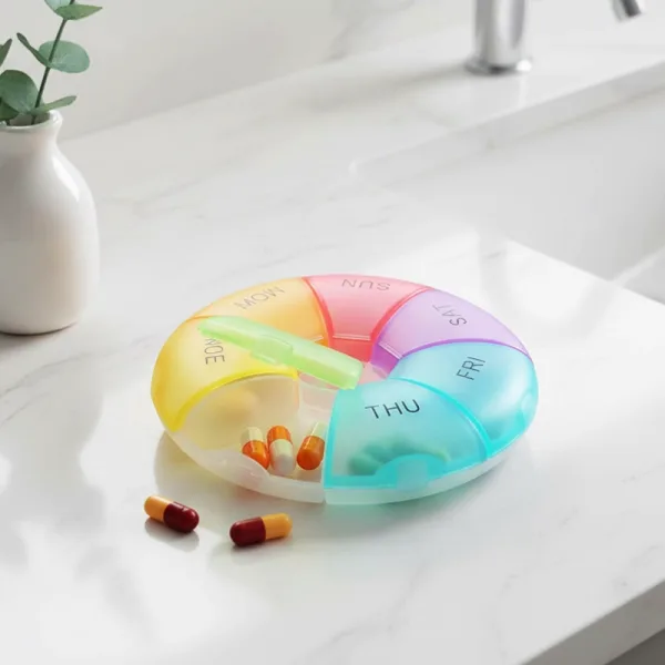 pill organizer, pill box, pill container, pill case, weekly pill organizer, travel pill case, round pill organizer